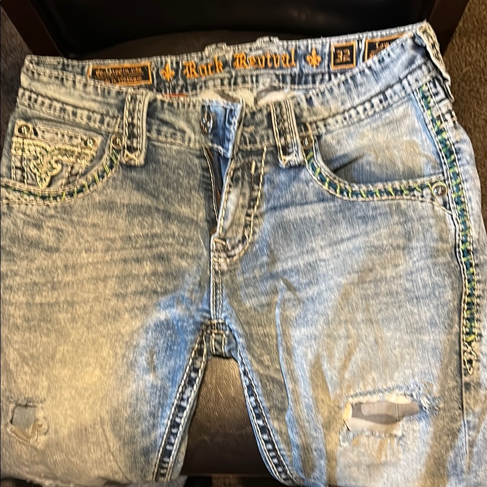 Blue Distressed Jeans with Embellished Pockets